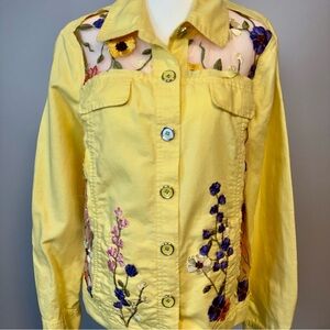 Upcycled Floral Embroidered Linen Blend Distressed Yellow Jacket